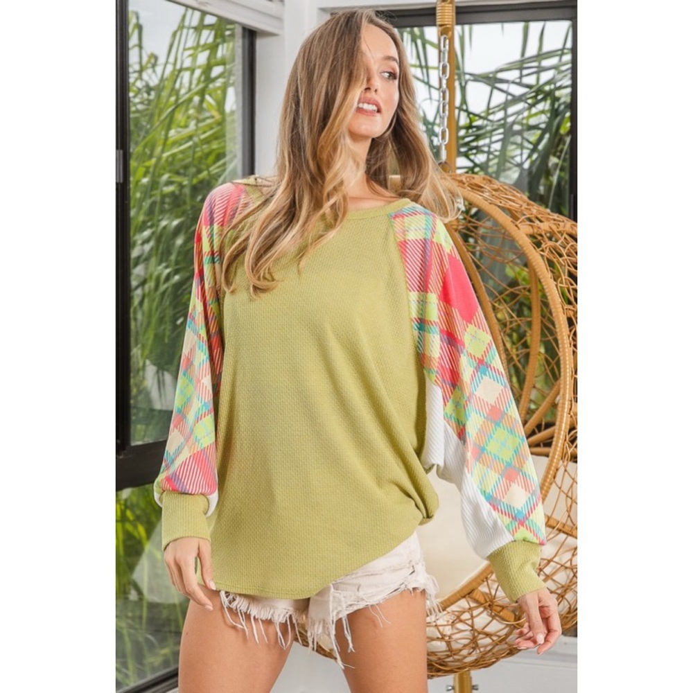 BiBi Multicolor Plaid Sleeve Top